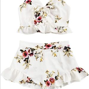 Floral Print Ruffle Lace Up Front Crop Cami Top and Shorts Set White S